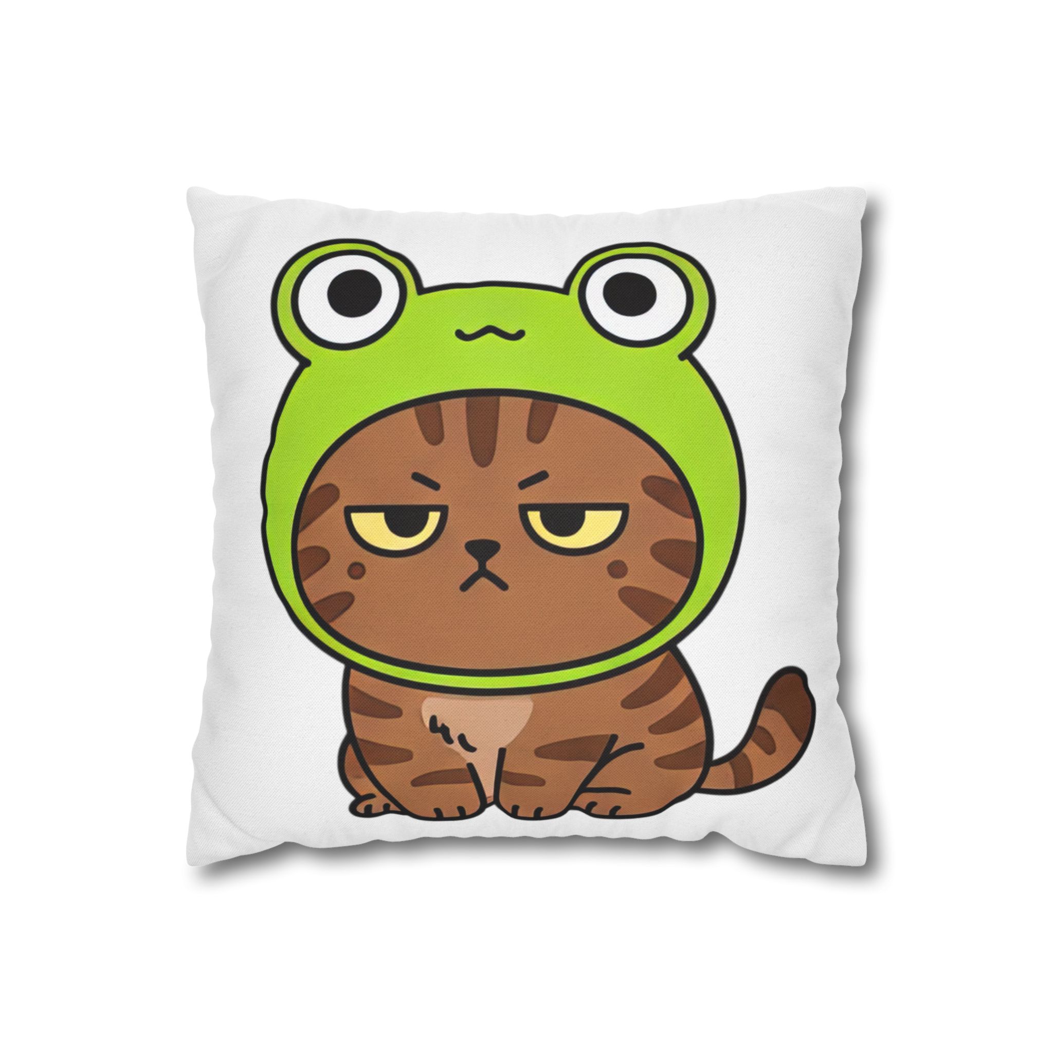 Grumpy Cat in Frog Hat Square Pillowcase – Cute Kawaii Cat Decor