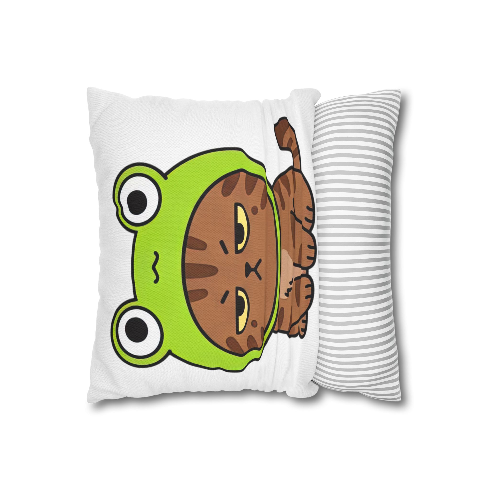 Grumpy Cat in Frog Hat Square Pillowcase – Cute Kawaii Cat Decor - Image 4