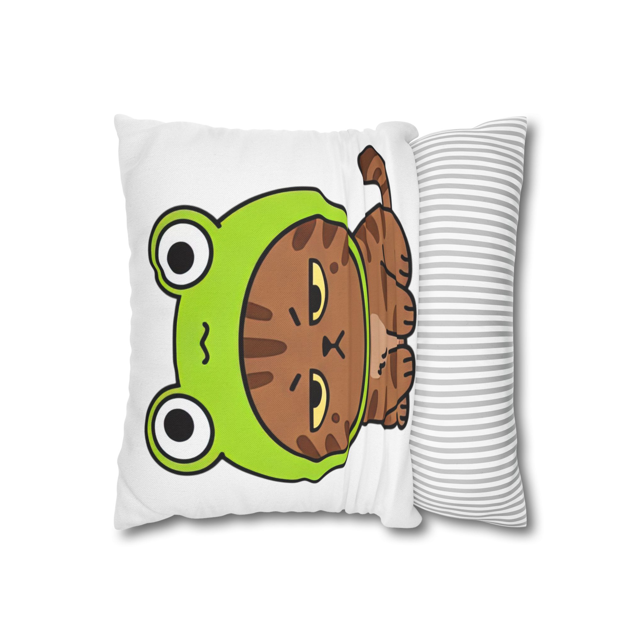 Grumpy Cat in Frog Hat Square Pillowcase – Cute Kawaii Cat Decor - Image 2